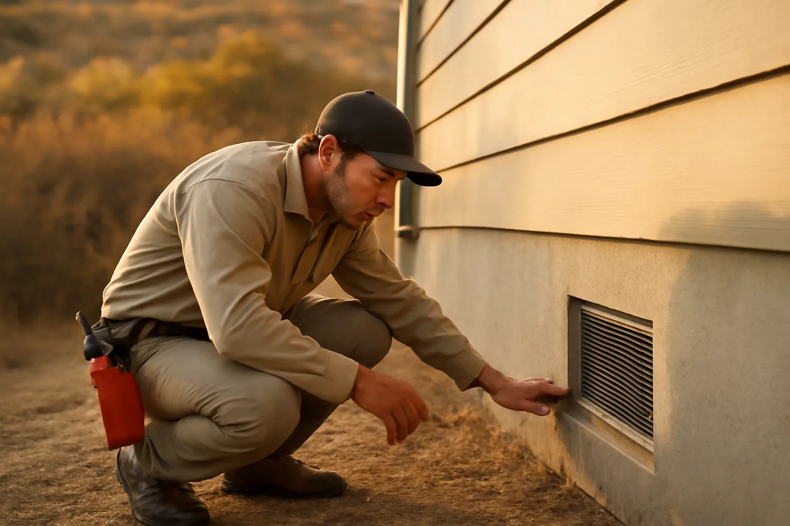 Inspector examining ember-resistant vent screen at a wildfire-zone home foundation