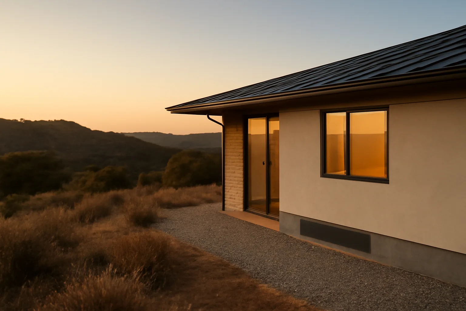 Home with cleared perimeter fire defense zone between structure and dry brush hillside