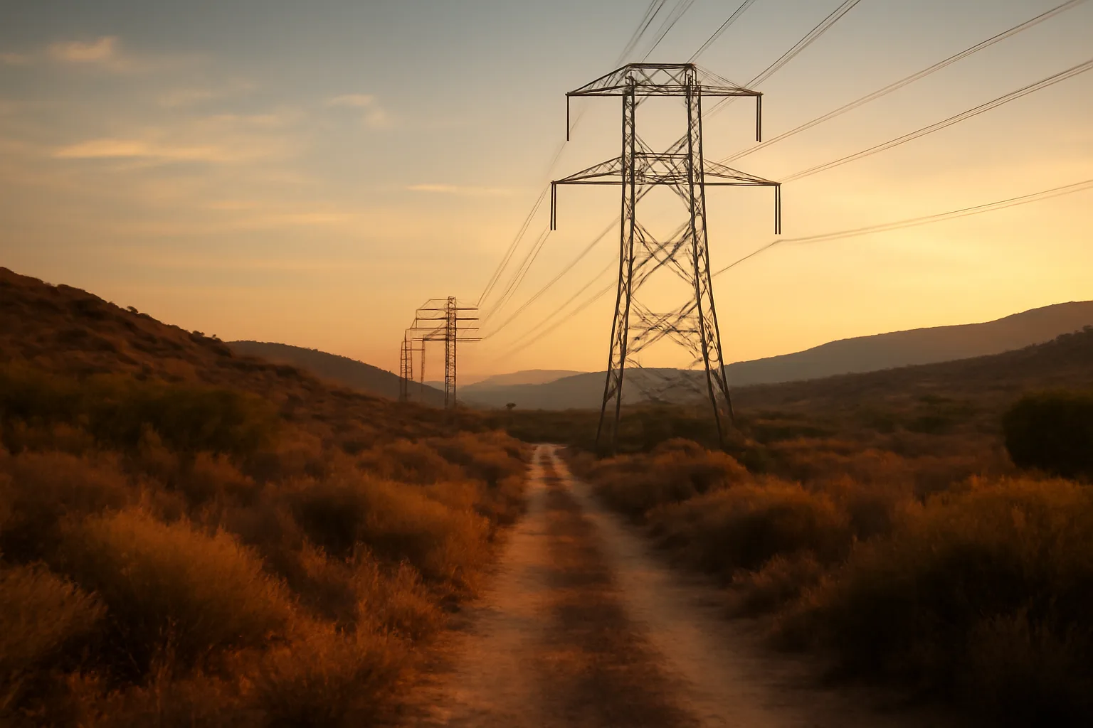 Power lines crossing a cleared brush hillside in California wildfire country at dusk