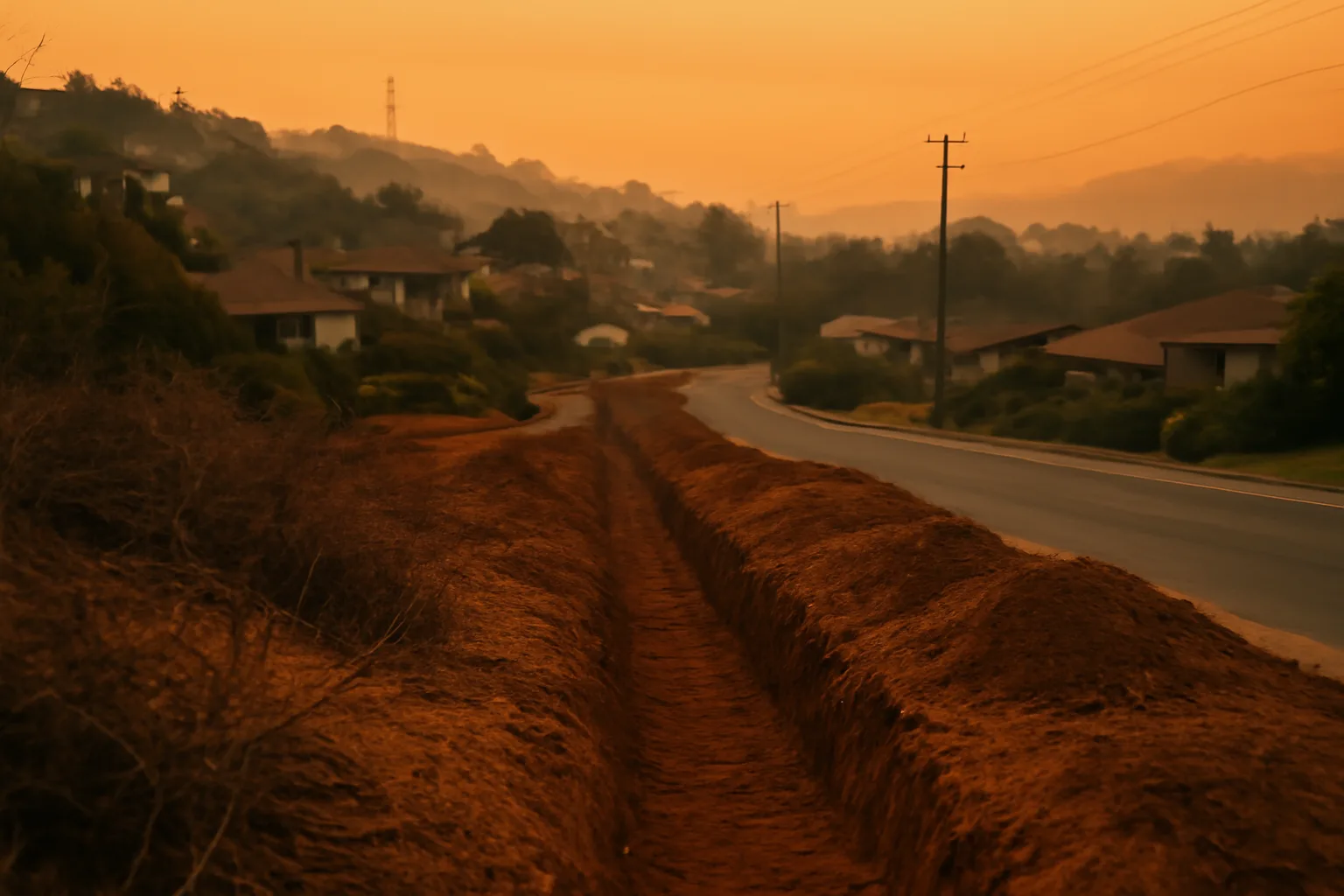 Cleared hillside property near recently undergrounded utility lines at dusk