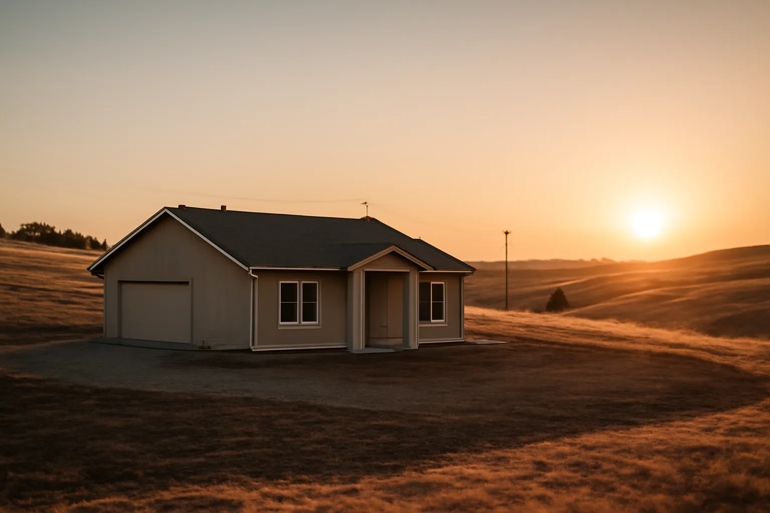 Rural California home with cleared defensible space and distant power lines at dusk