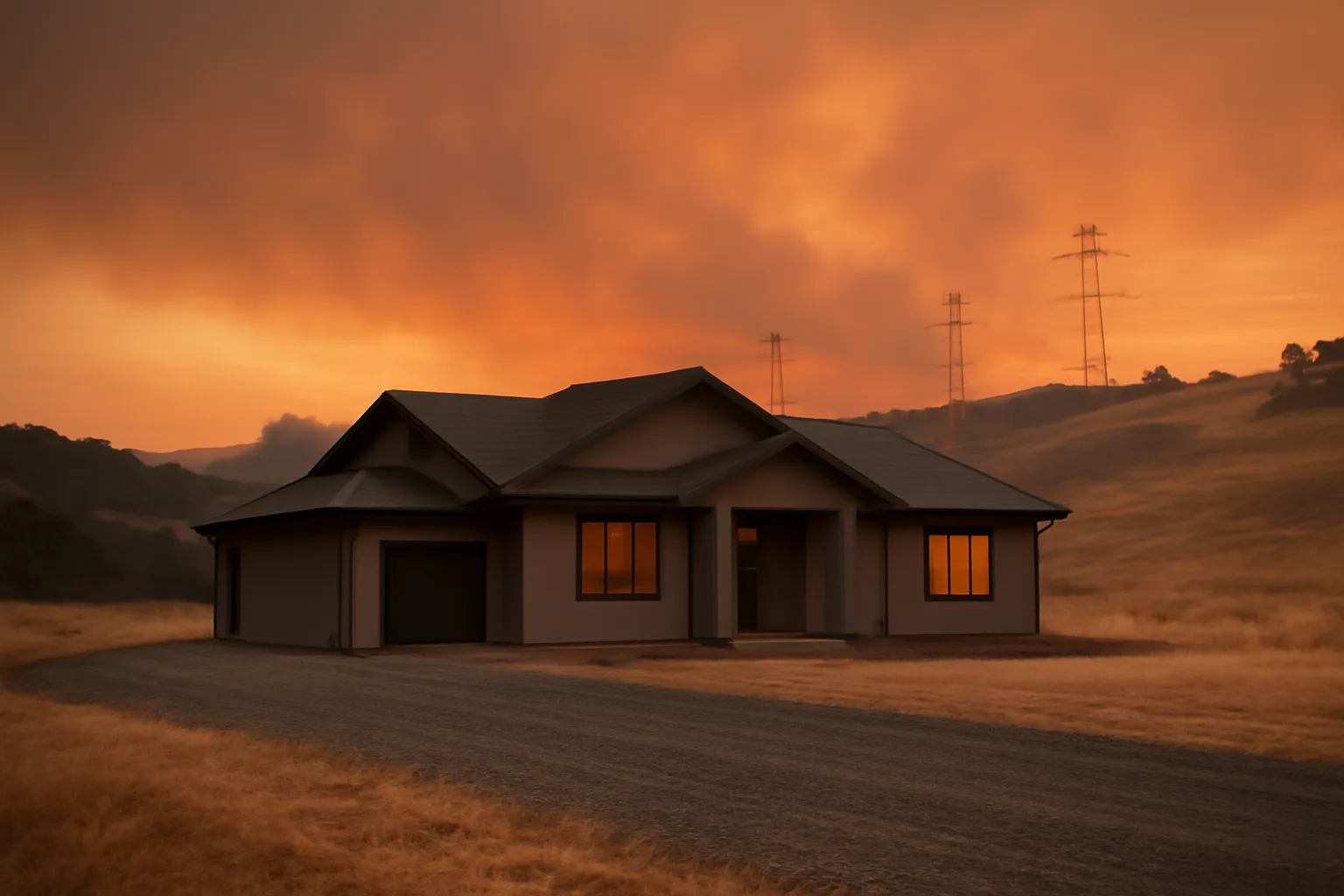 Home with cleared defensible space perimeter near hillside power lines at dusk