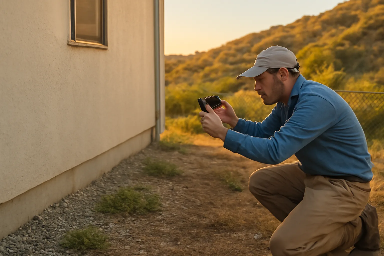 Homeowner documenting cleared defensible space zone around a house foundation at dusk