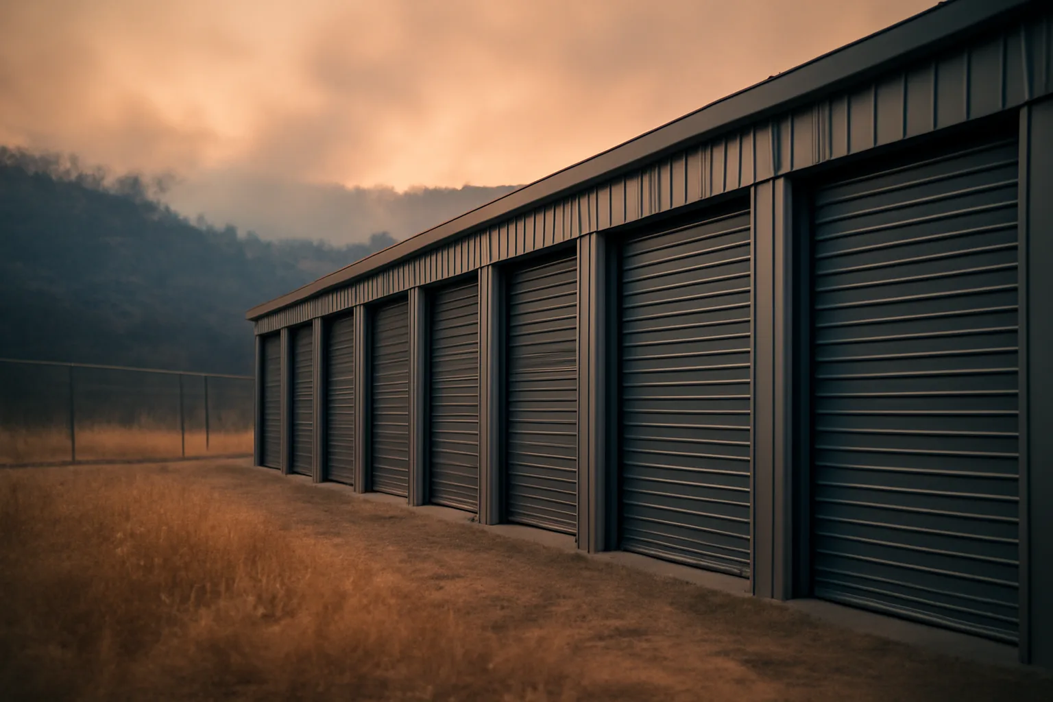 Self-storage facility with scorched hillside and smoke haze behind it during a wildfire