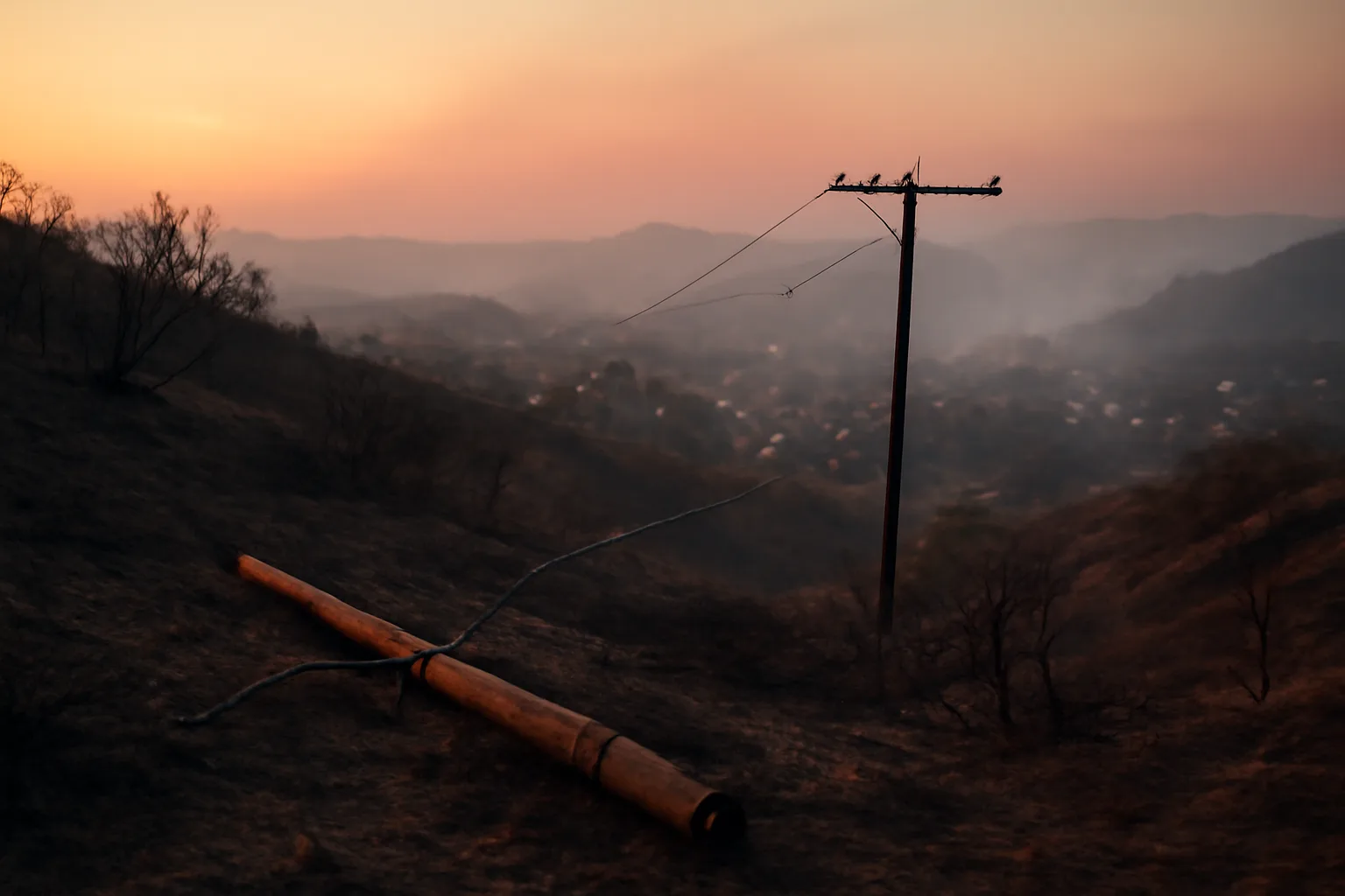 Downed power line on scorched hillside near homes after SCE wildfires in Southern California canyon