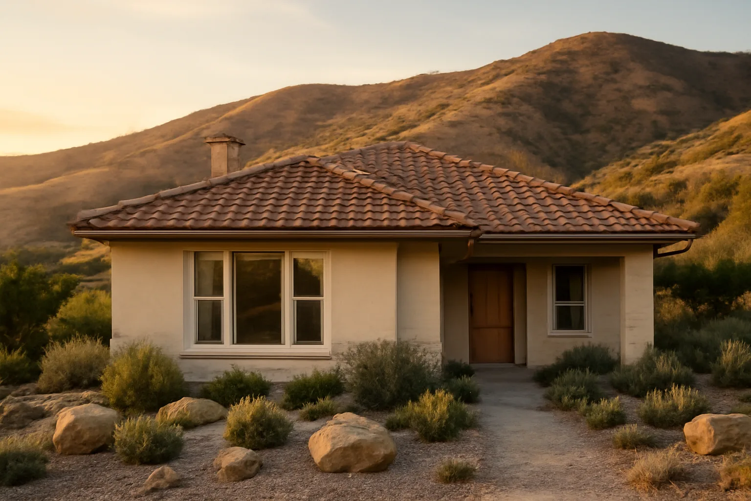 Home with cleared defensible space against chaparral hillside near San Diego at dusk