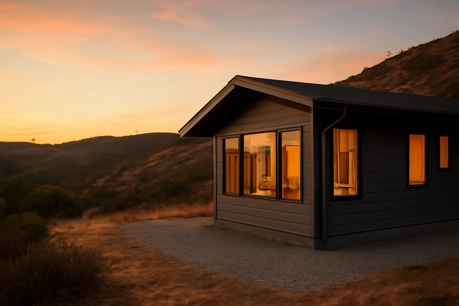 Home with cleared defensible space zone against dry hillside brush near utility lines