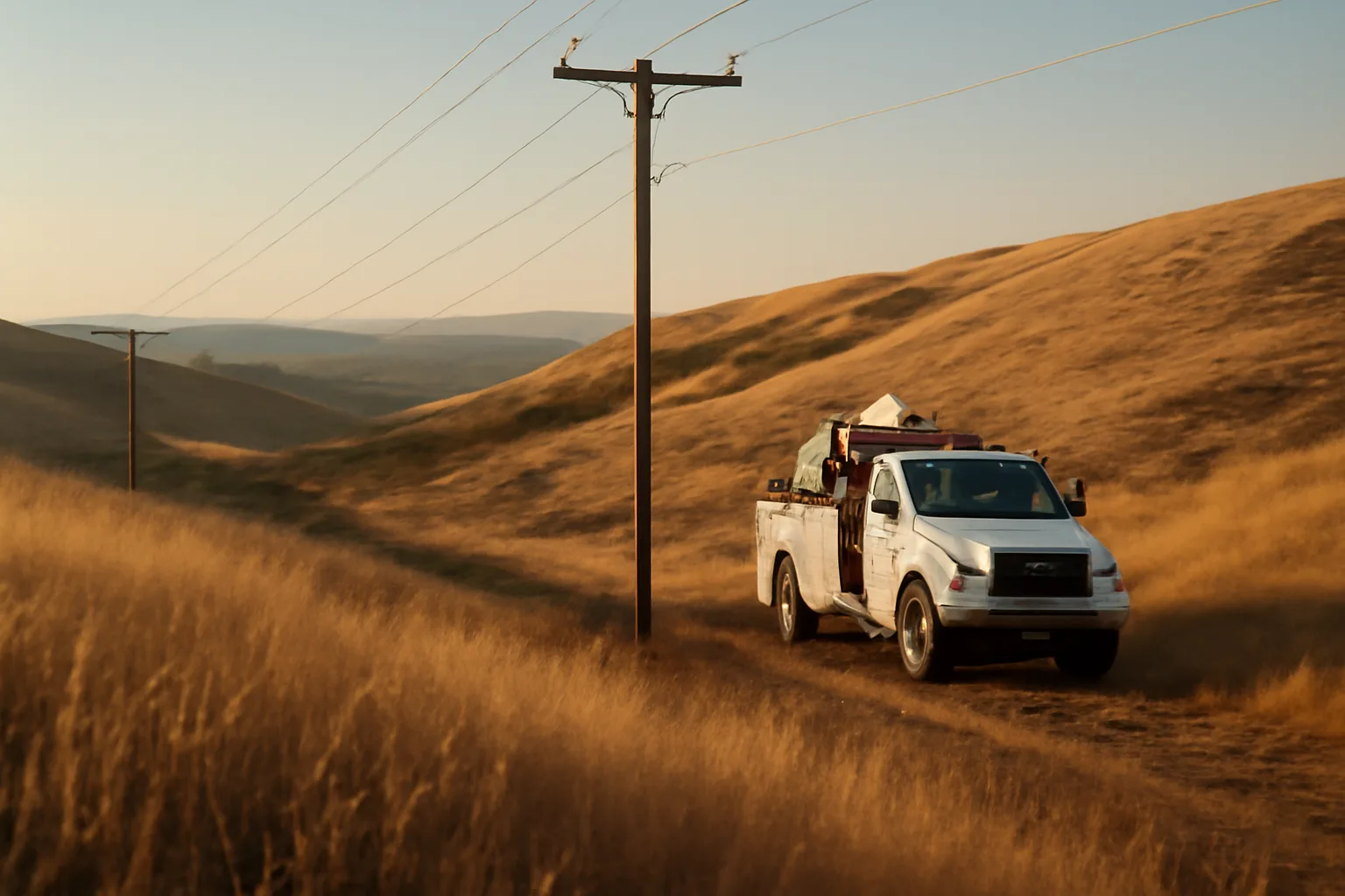 Utility power line crossing cleared brush corridor on dry hillside during wildfire season