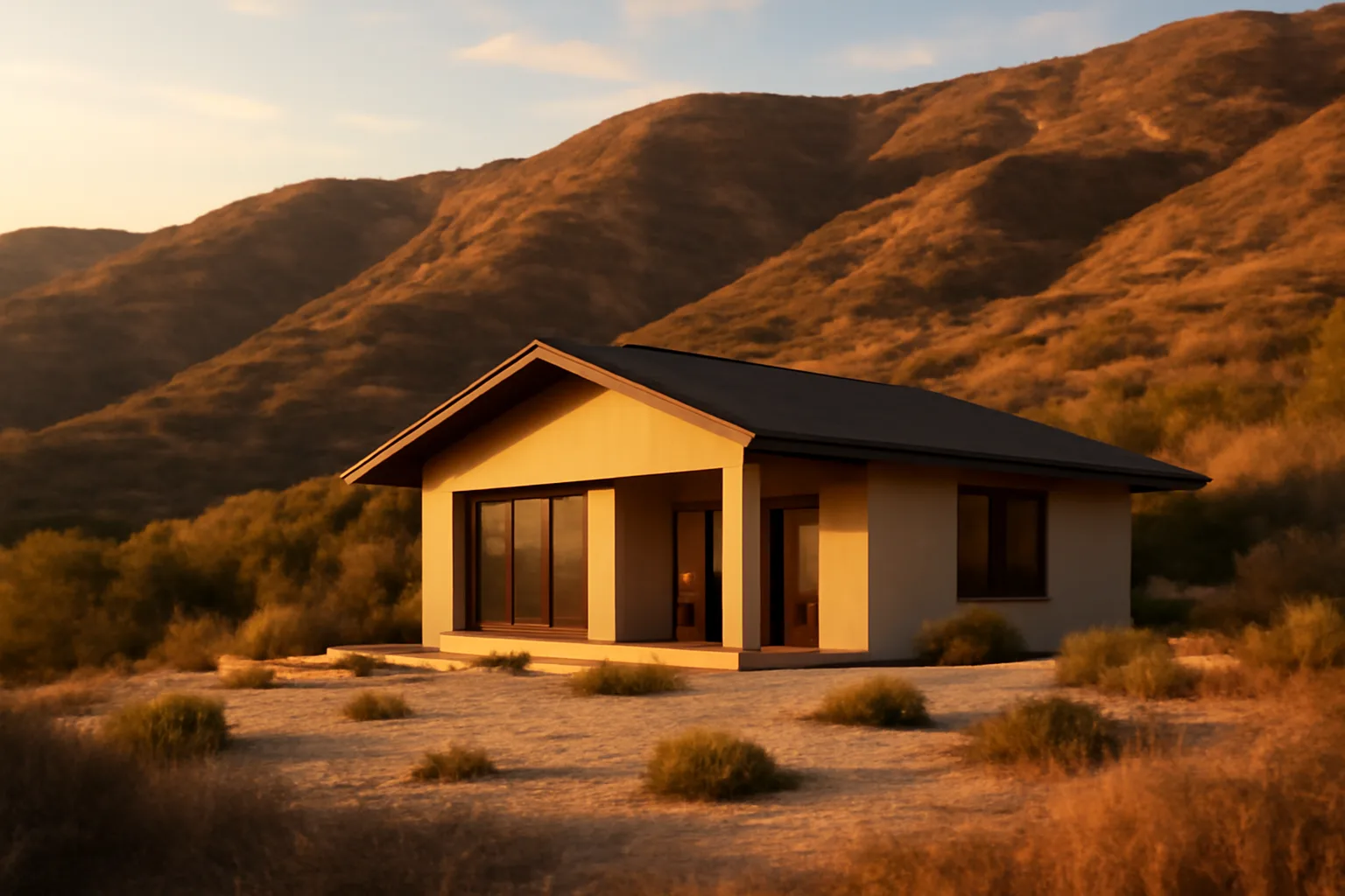 Hillside home with cleared defensible space against dry Ventura County chaparral hills