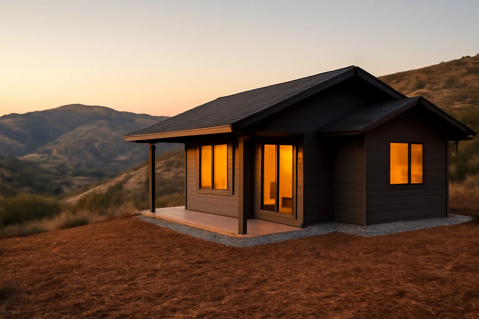House with cleared defensible space next to dry hillside brush in a very high fire hazard severity zone