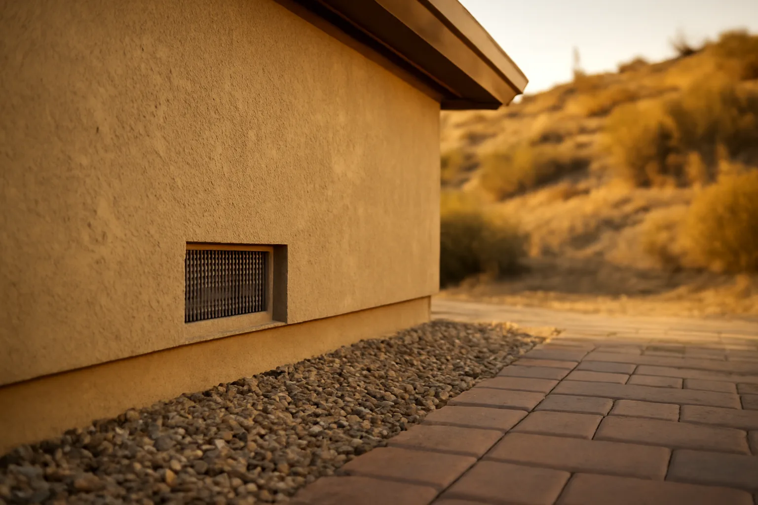 Home foundation with gravel clearance and metal ember-resistant vent for fireproofing