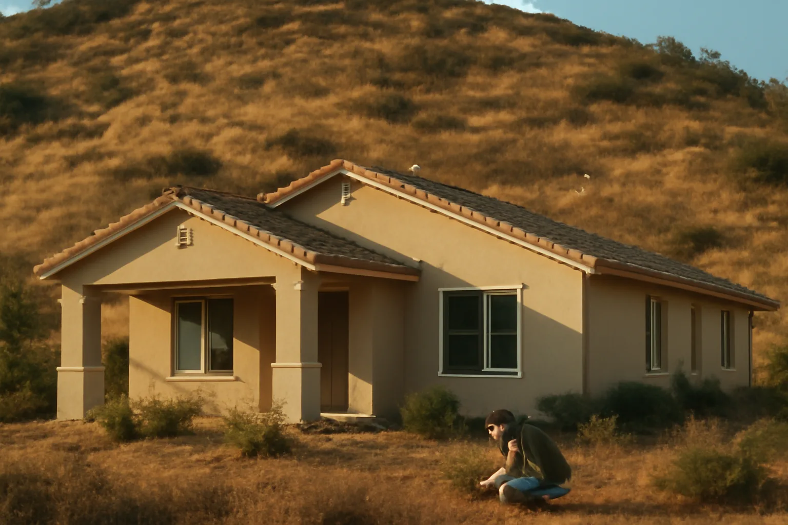 Homeowner checking cleared defensible space brush near a California hillside home