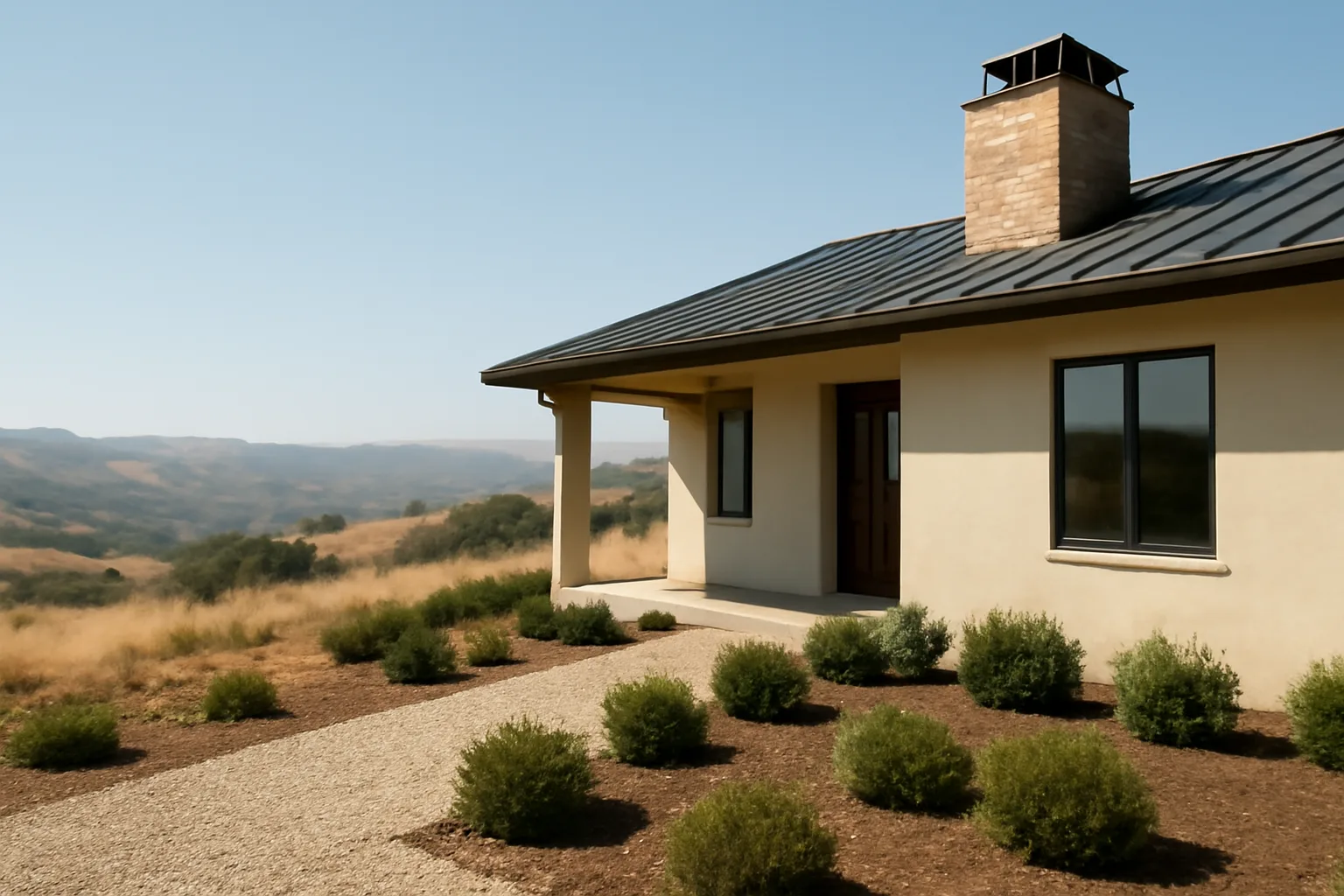 Home with cleared defensible space zone against dry hillside grass and distant hills