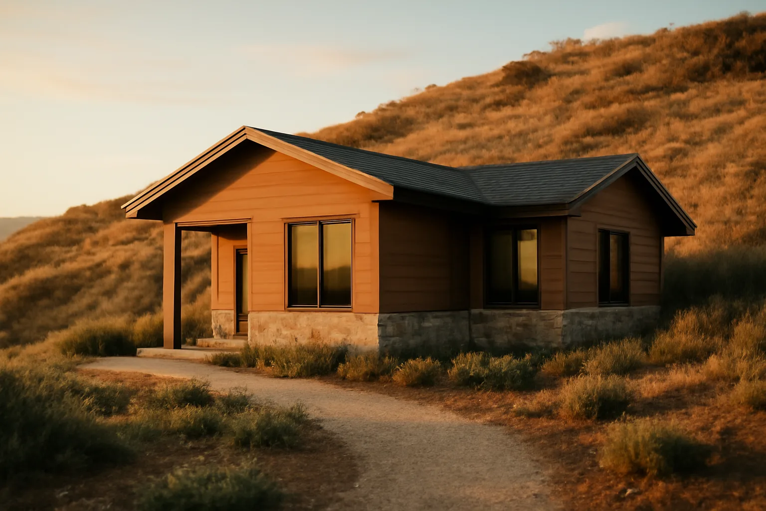 Home with a cleared defensible space zone of fire between the house and dry hillside brush