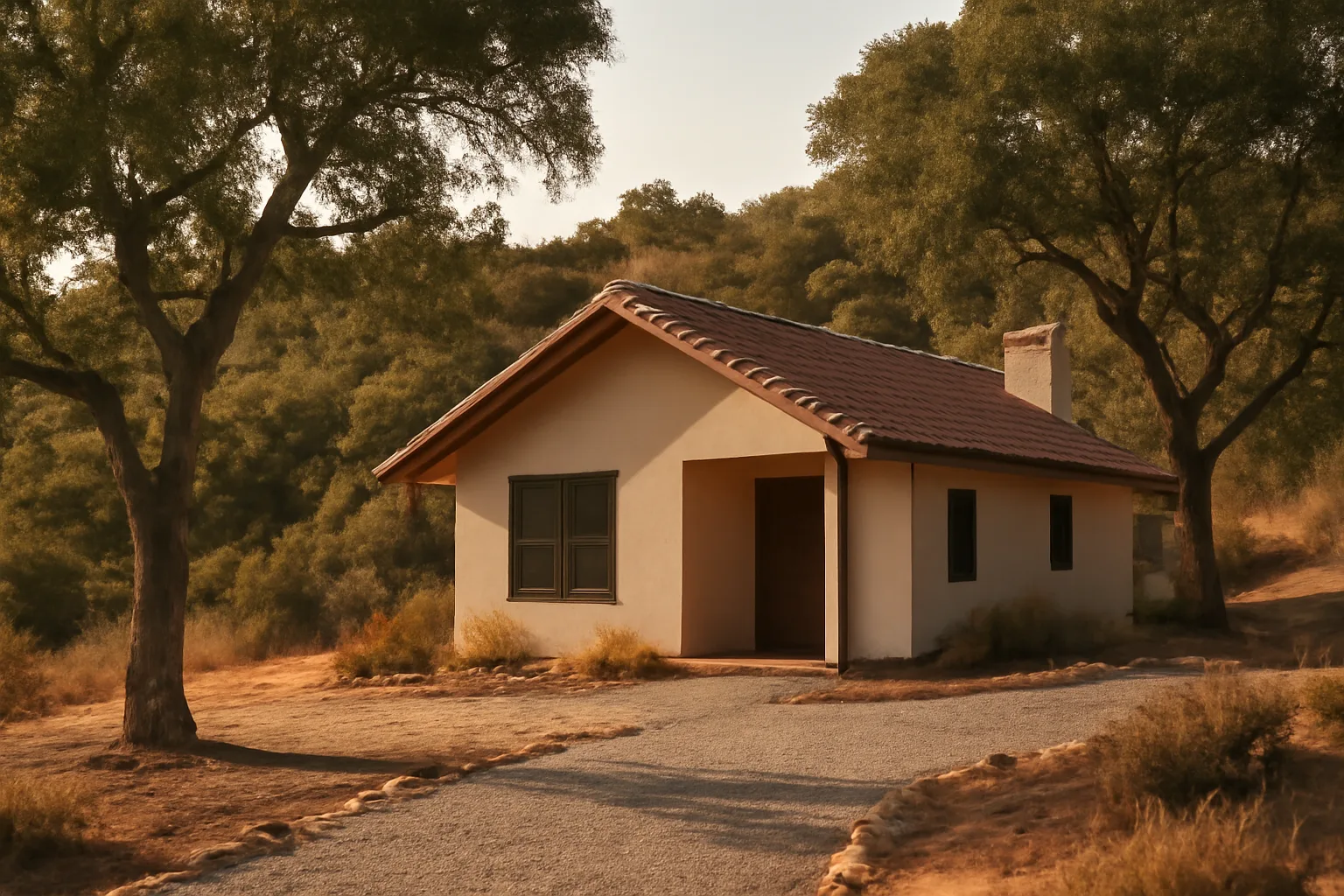 Cleared defensible space zone of gravel and spaced trees around a hillside home
