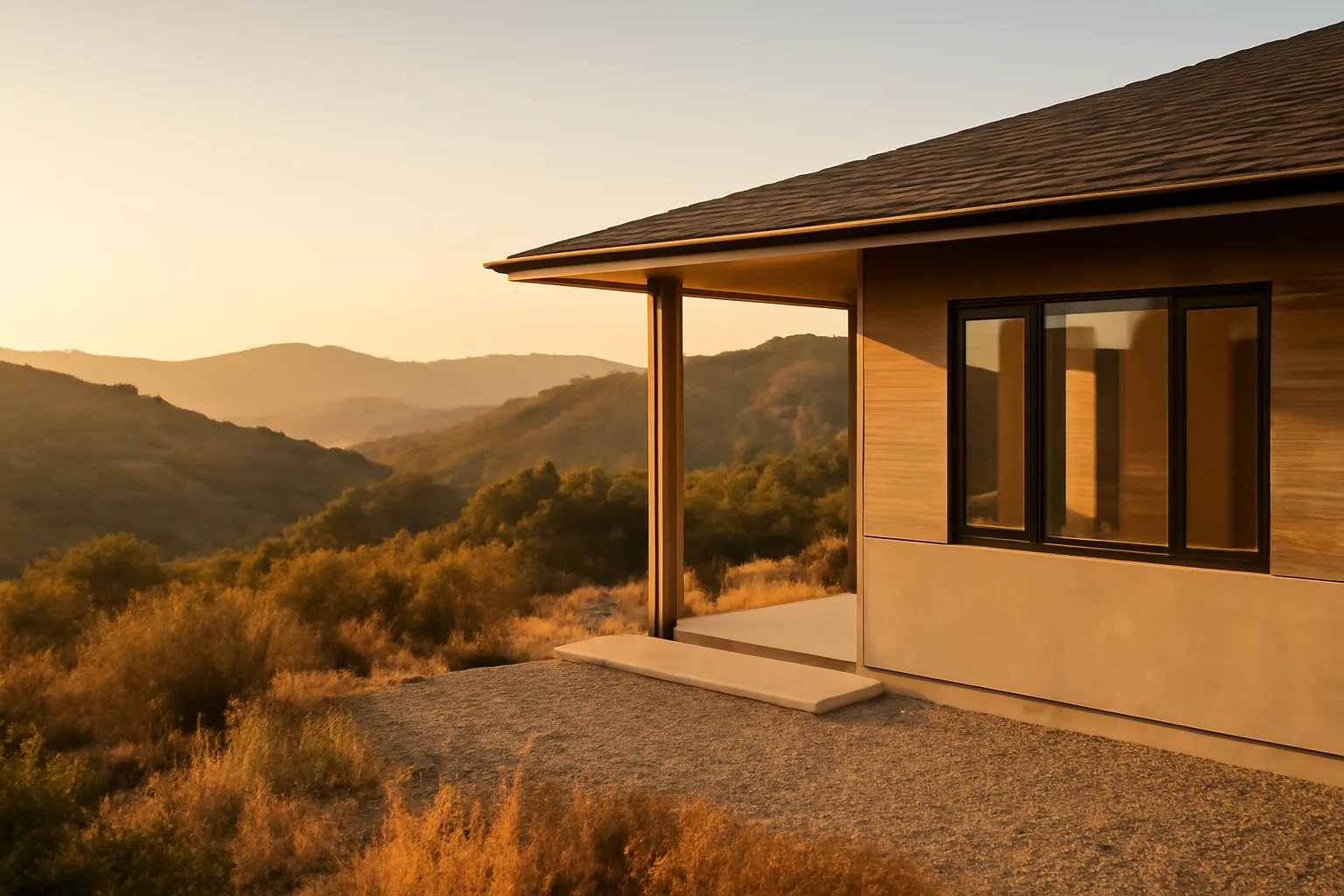 California hillside home with cleared defensible space zone against dry brush and distant smoke haze