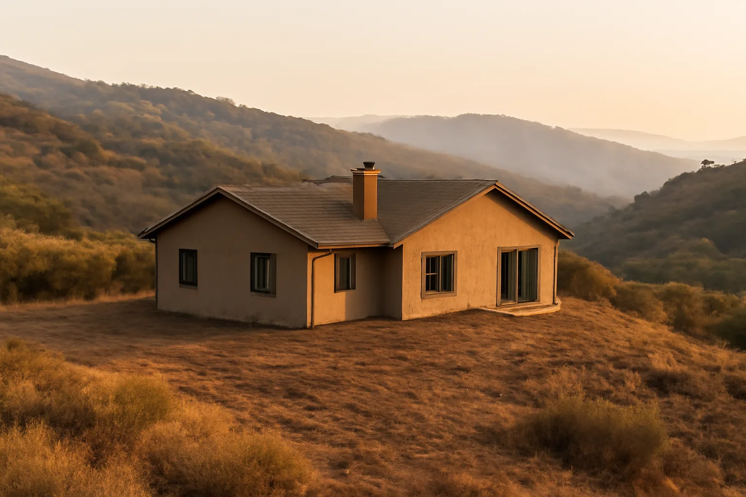 Cleared defensible space zone around a hillside home in a California wildfire-prone area