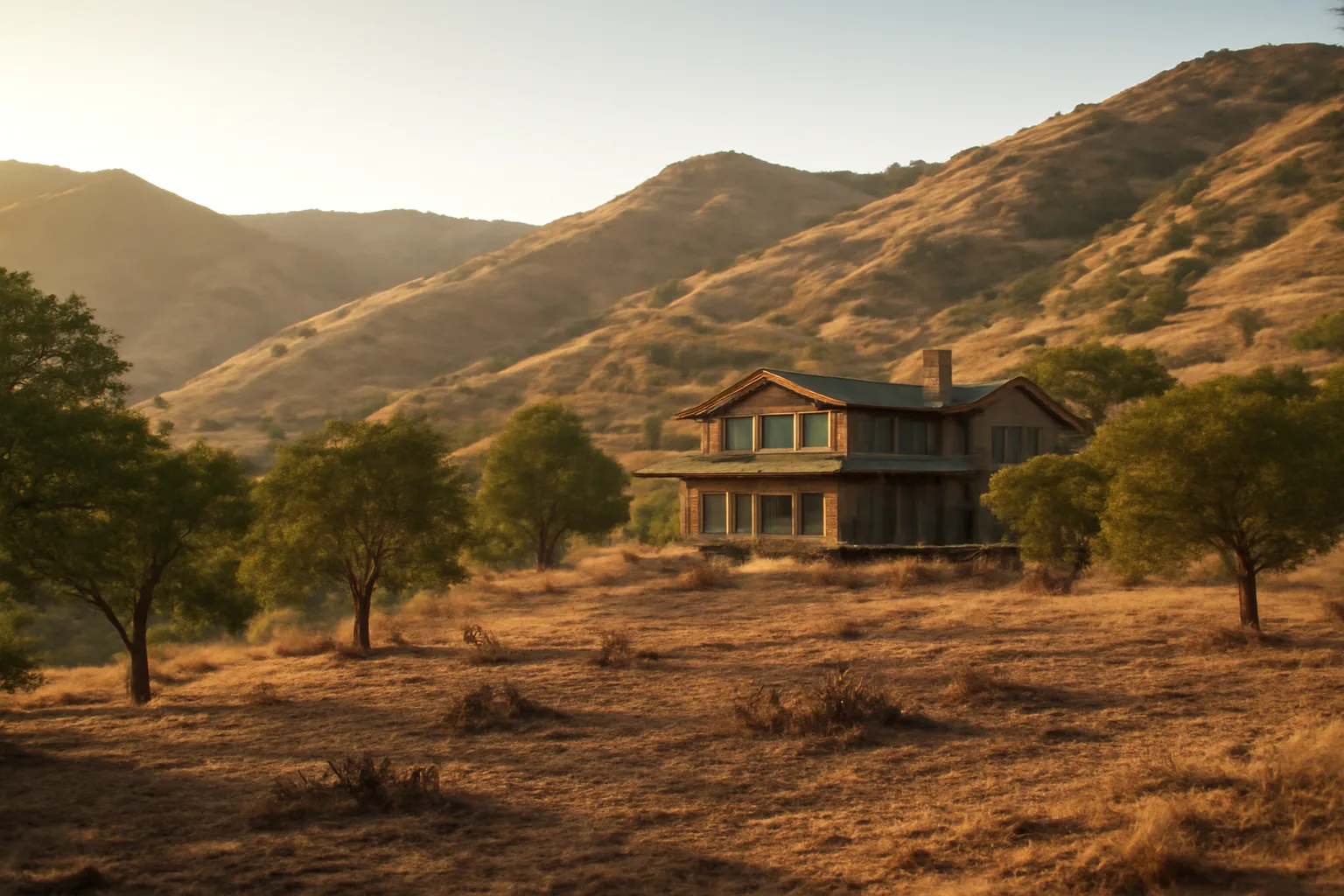 Hillside home surrounded by cleared defensible space zones with chaparral hills in the background