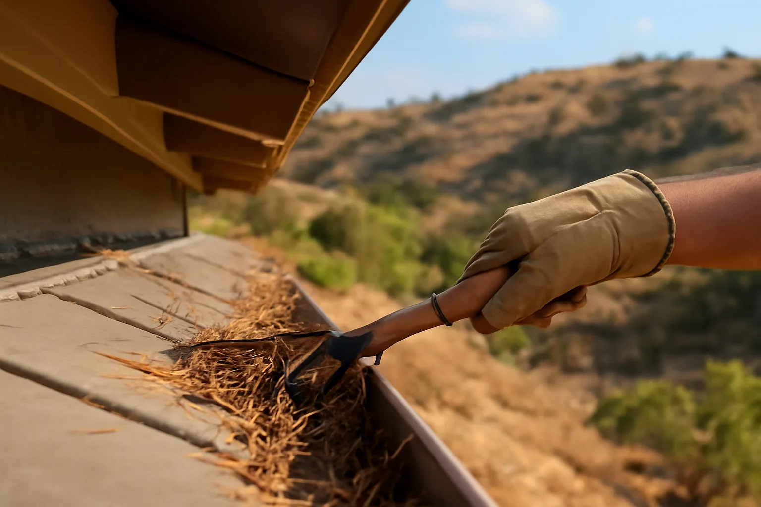 Homeowner clearing pine needles from gutter as a wildfire prevention strategy