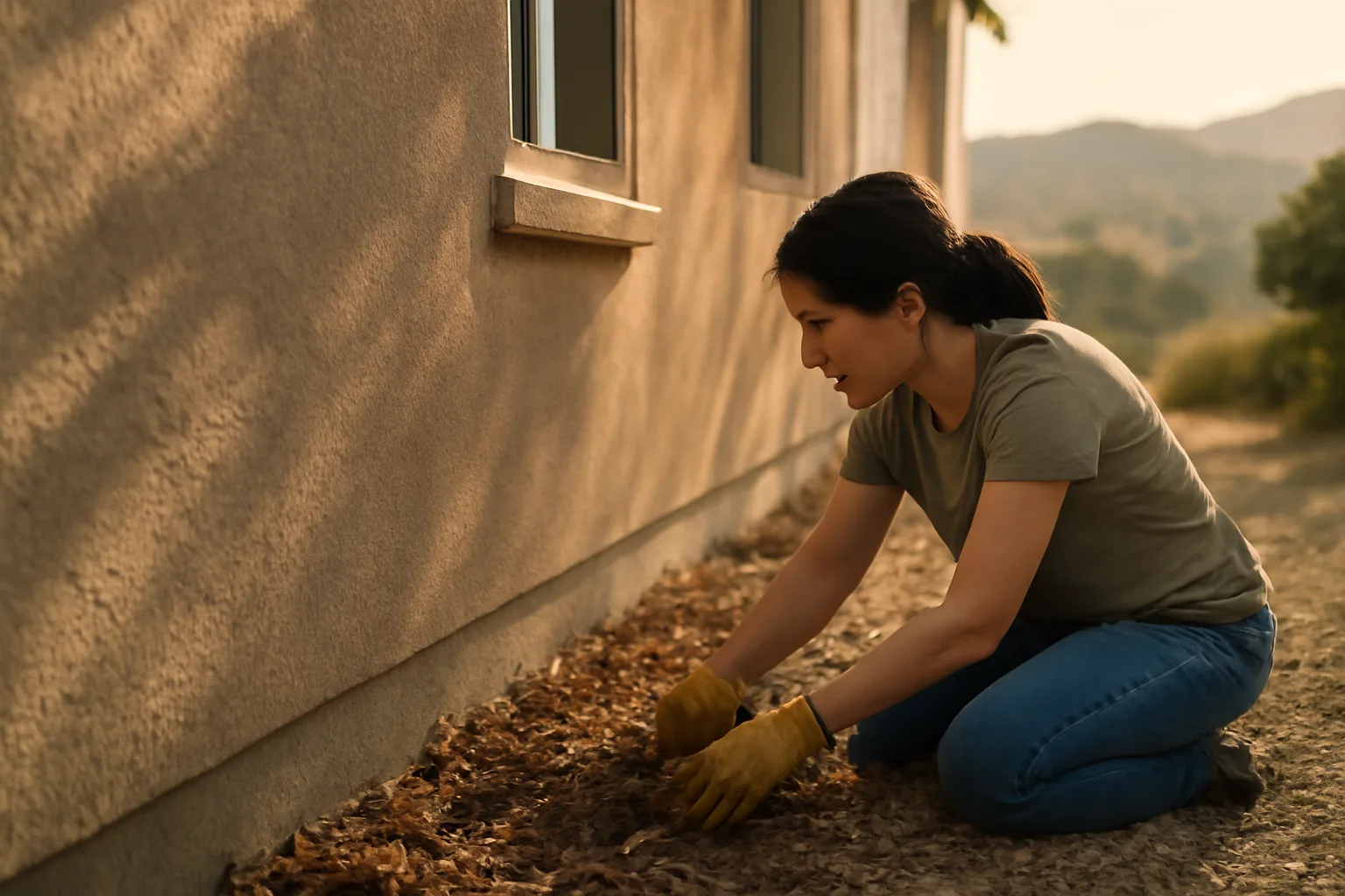 Homeowner clearing mulch from the ember-resistant zone next to a house