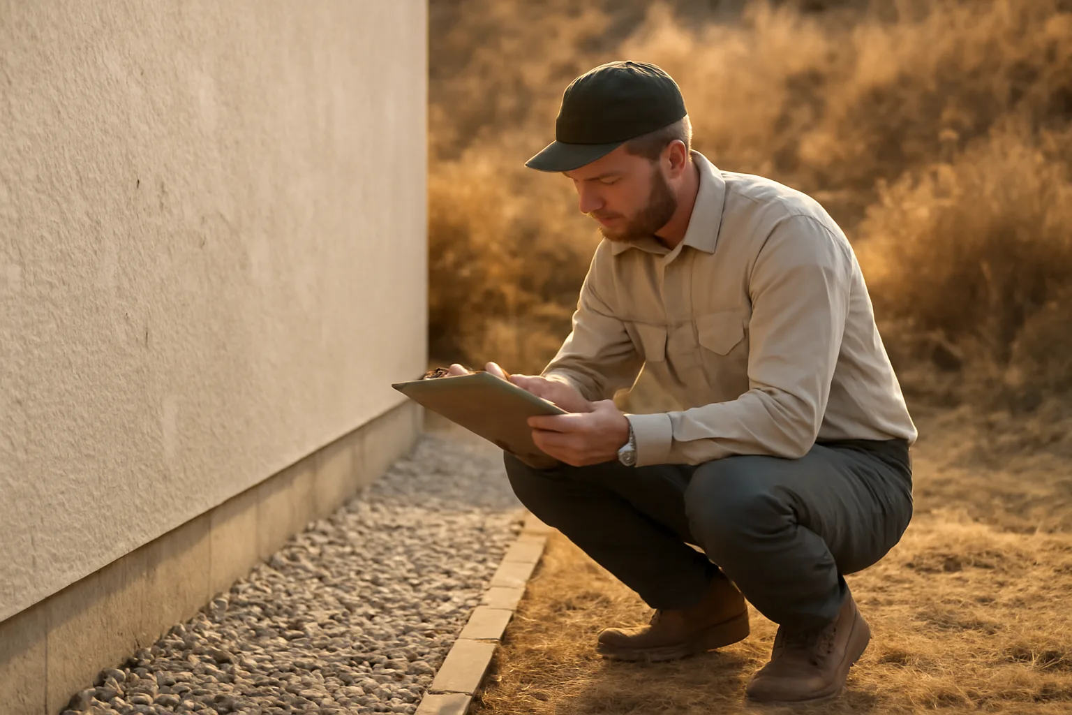 Wildfire mitigation advisor inspecting cleared defensible space near a home's foundation