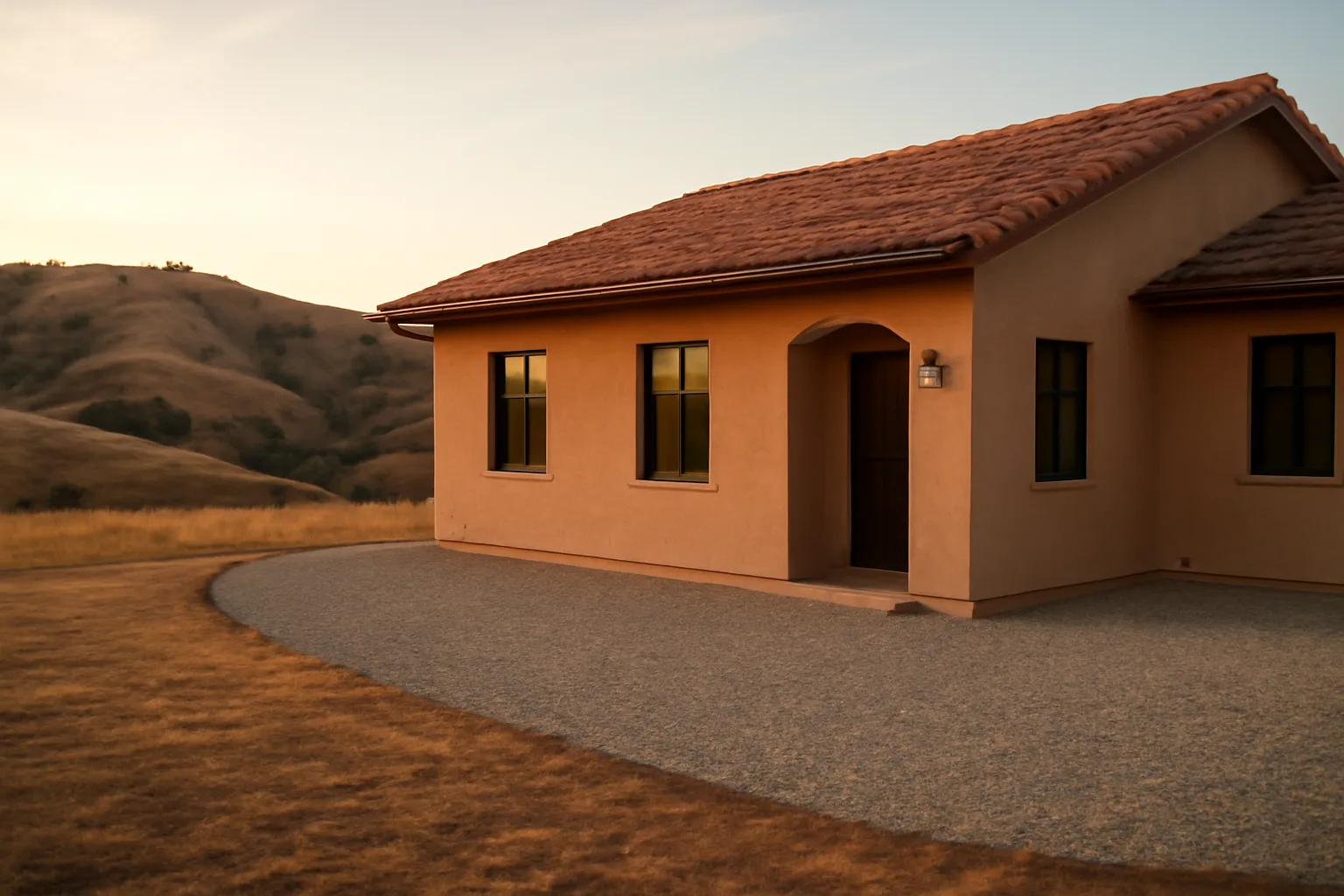 Hillside home with cleared defensible space buffer against dry wildland brush