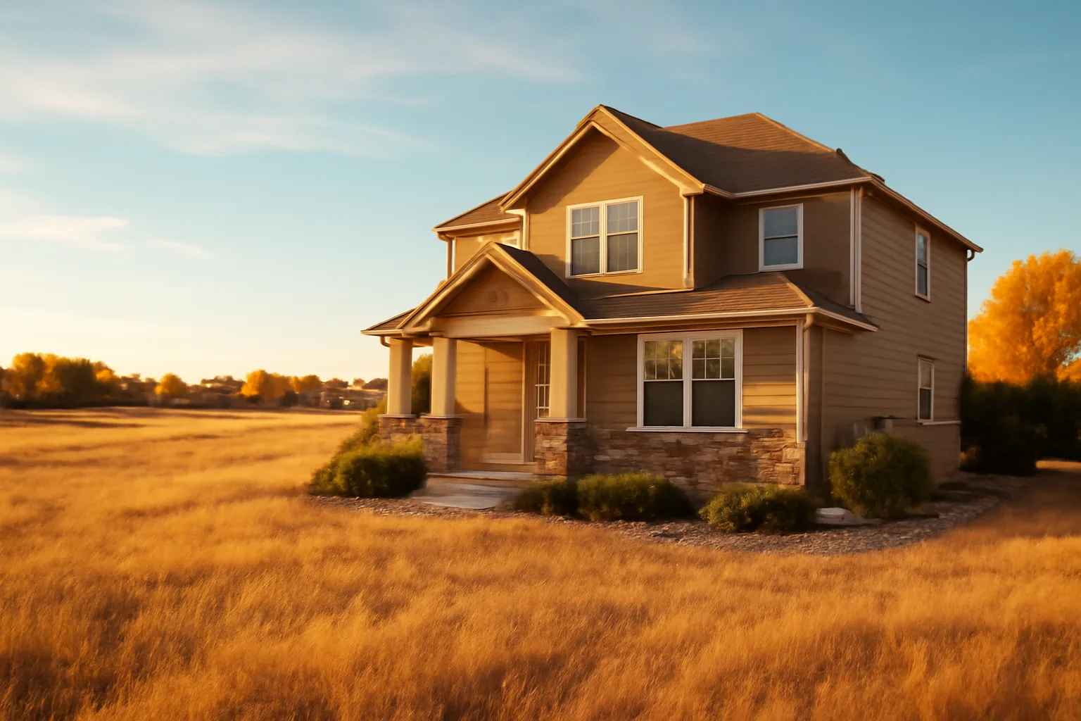 Suburban Colorado home with cleared gravel defensible space bordering dry grassland