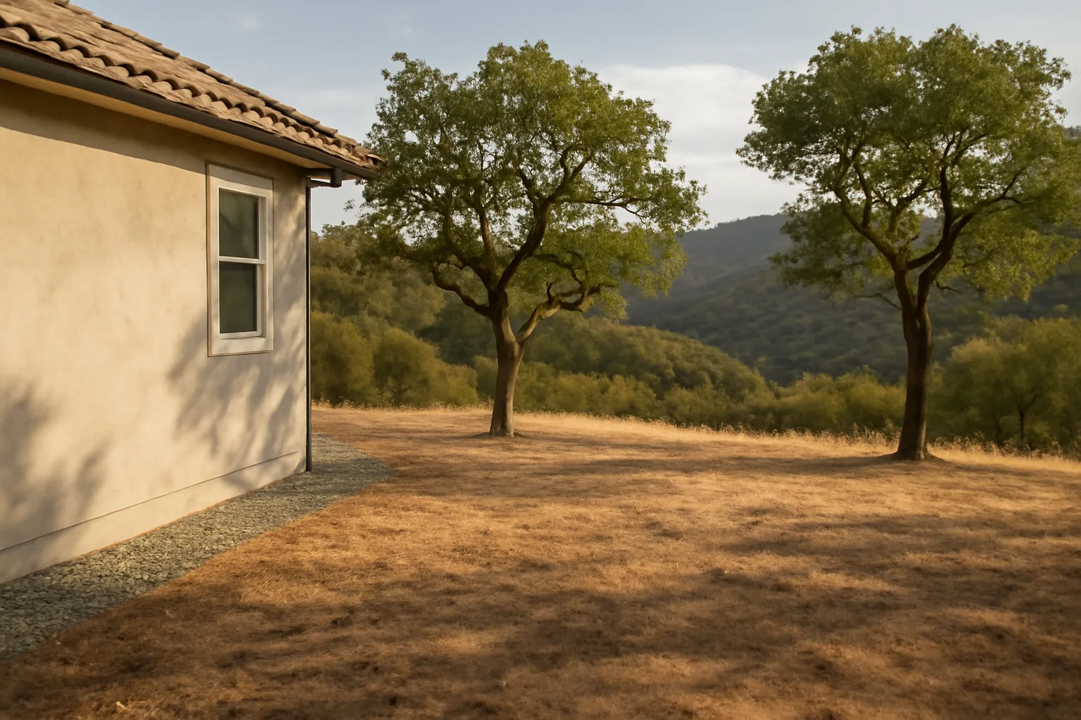 Cleared defensible space zone with gravel and spaced trees beside a California home