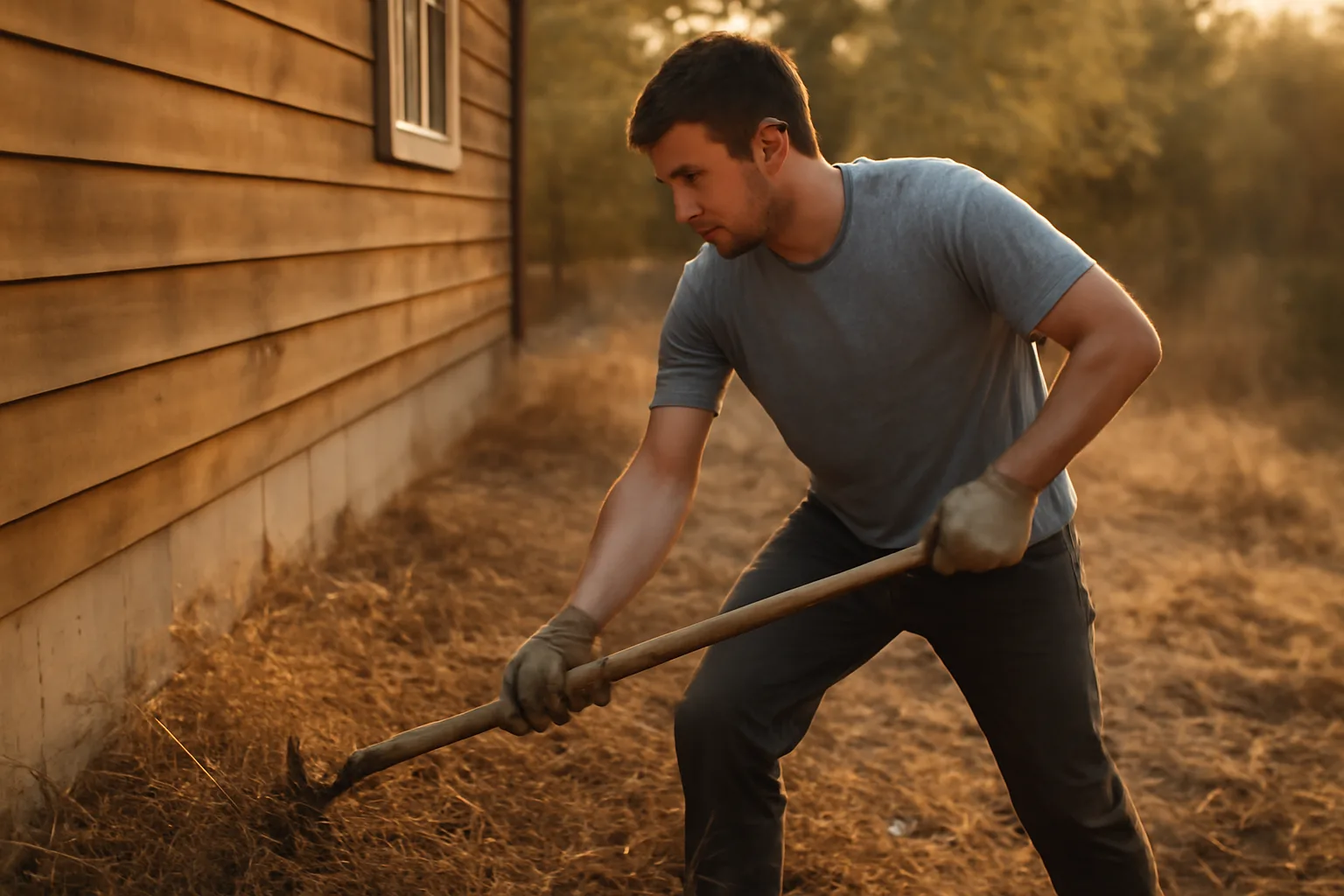 Worker clearing brush in defensible space zone next to a house at dusk