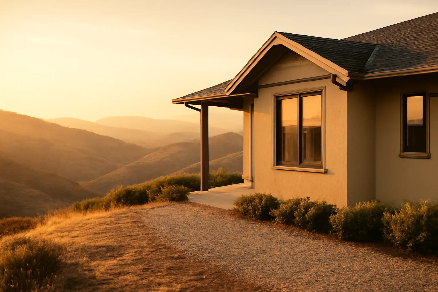Home with cleared defensible space zone on a dry California hillside at dusk