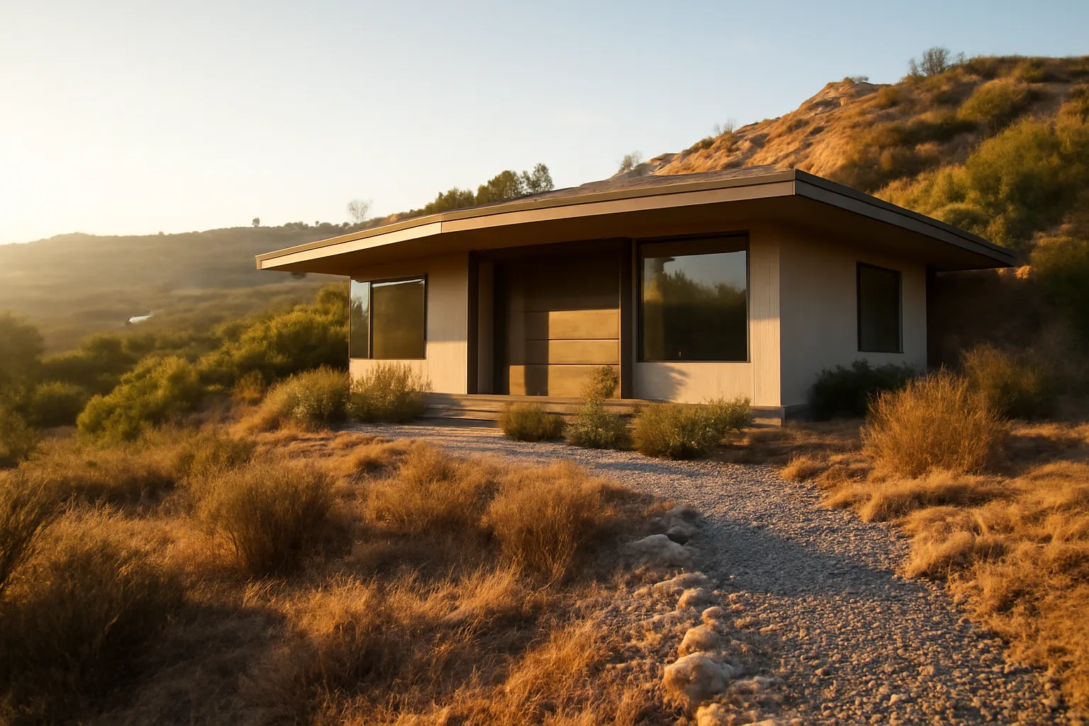 Los Angeles hillside home with cleared defensible space and gravel perimeter at dusk