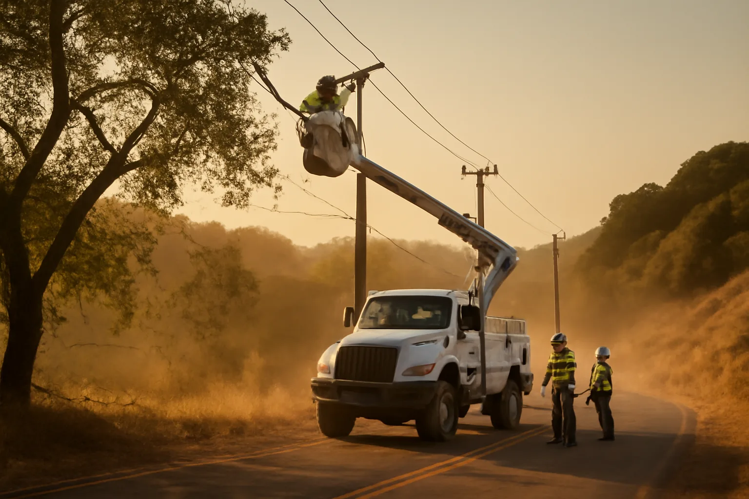 Utility crew clearing vegetation near power lines on a dry wildfire-prone hillside