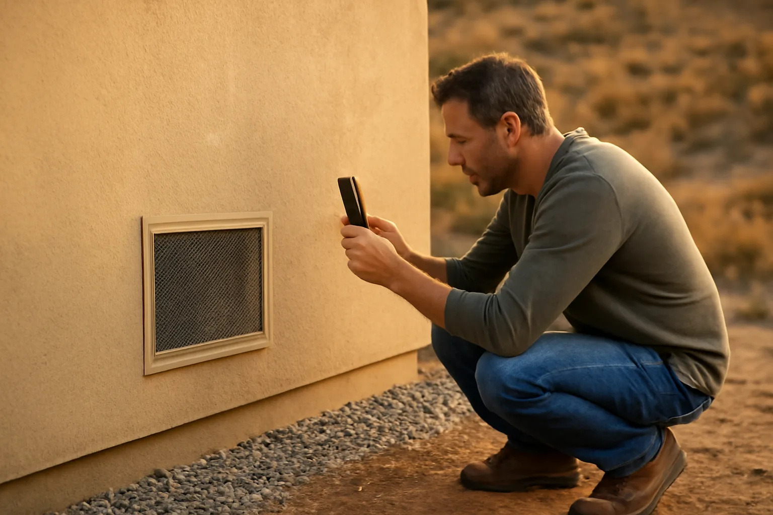 Homeowner photographing an ember-resistant vent as part of wildfire mitigation inspection documentation