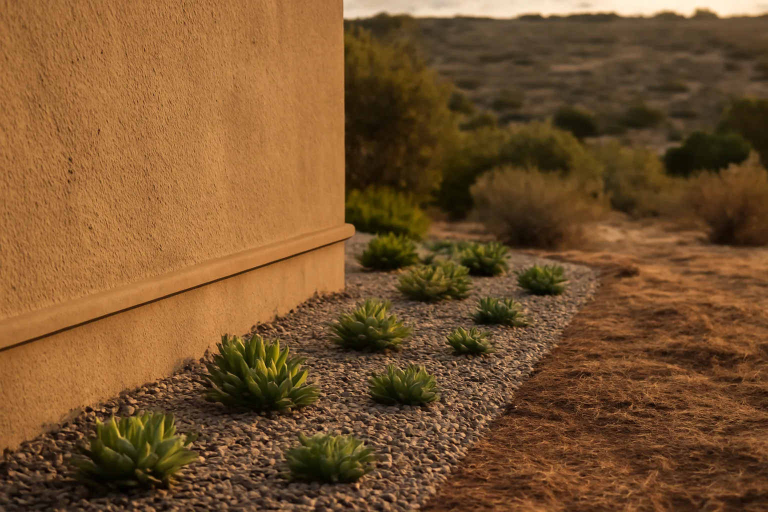 Home foundation with gravel defensible space zone and cleared brush on a dry hillside