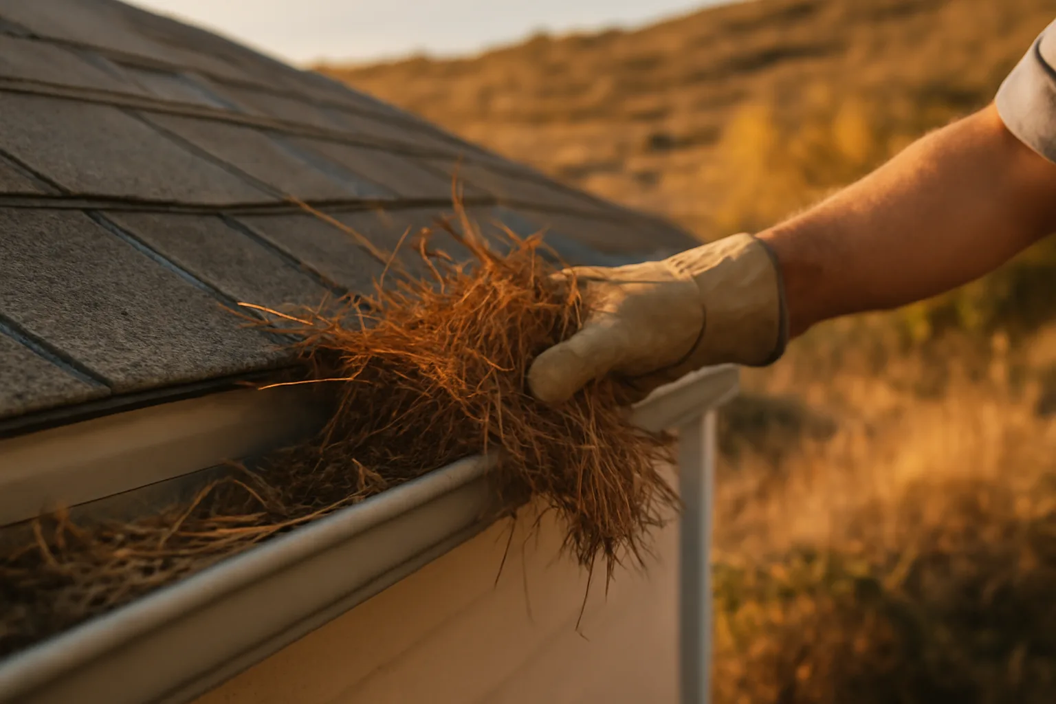 Homeowner clearing gutter debris as part of a wildfire mitigation program near dry hillside brush