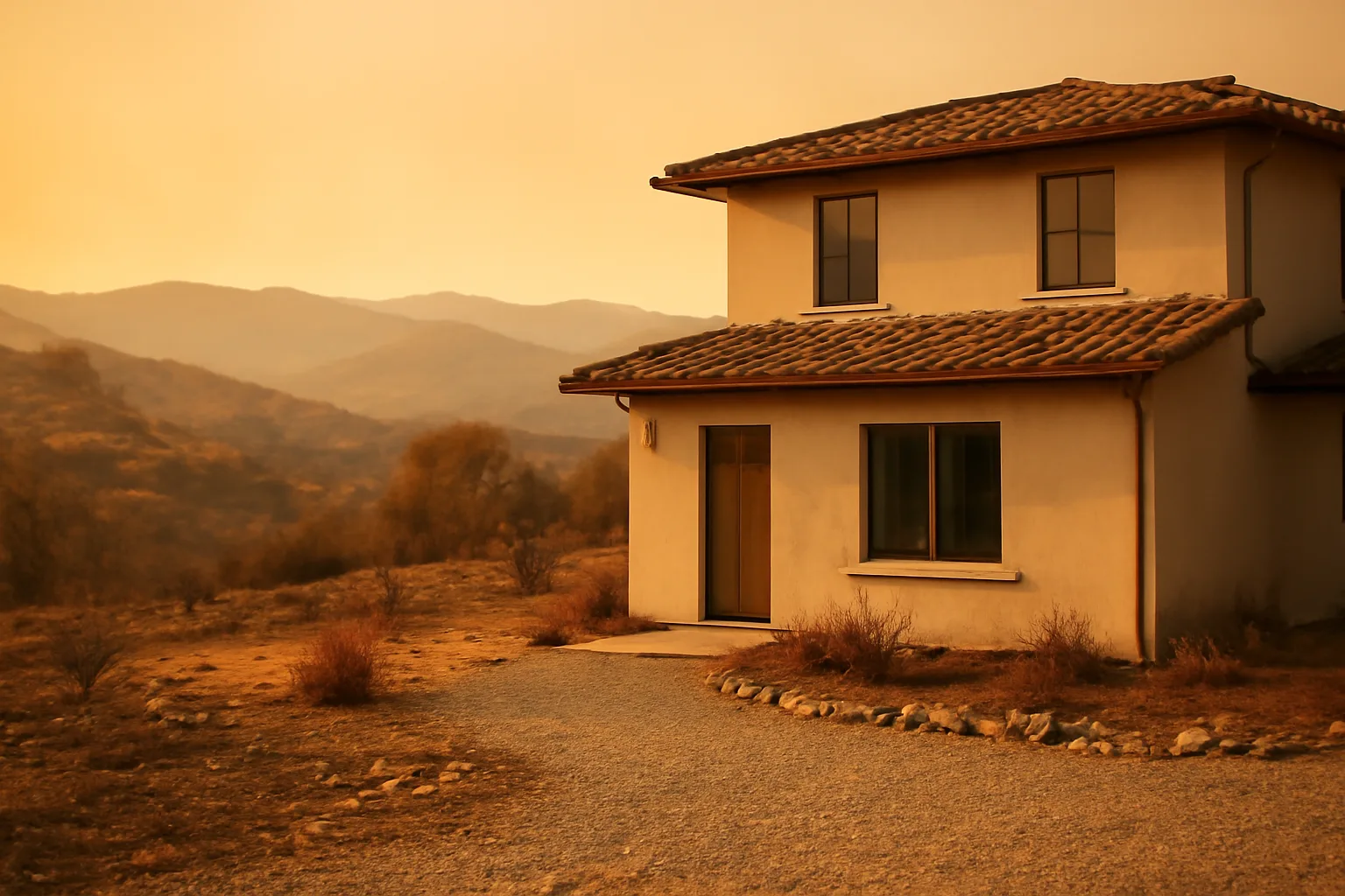 California home with cleared defensible space zone against dry chaparral hillside