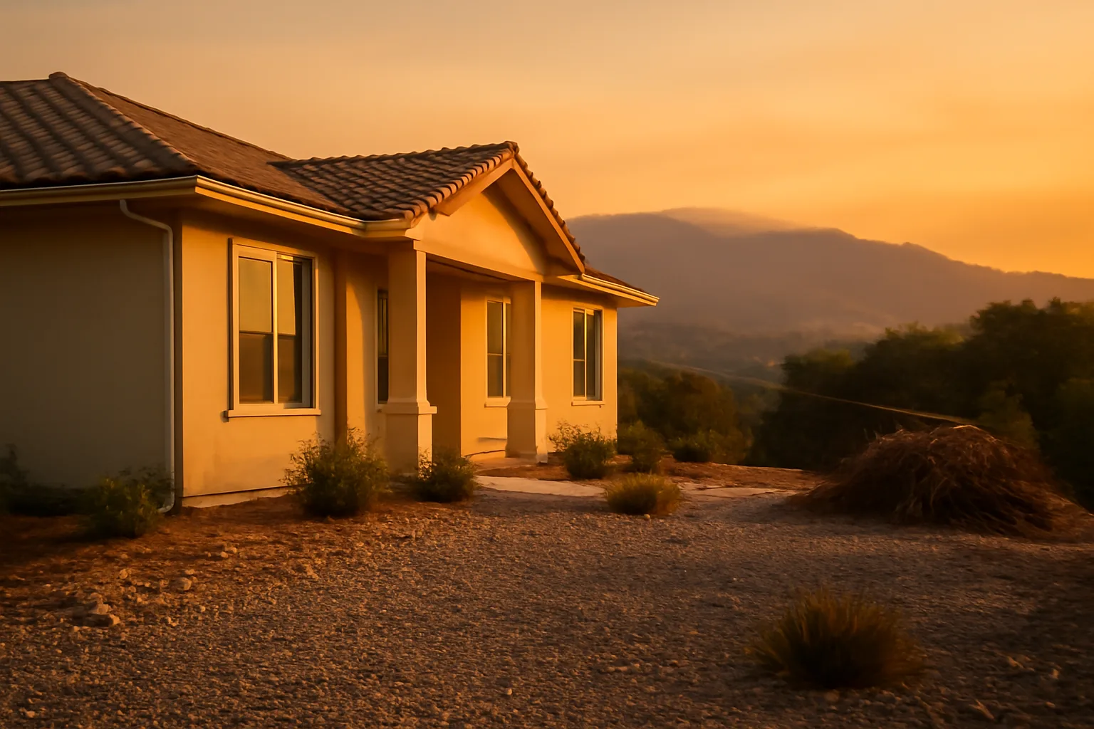 Home with cleared defensible space and gravel foundation zone against a smoky hillside
