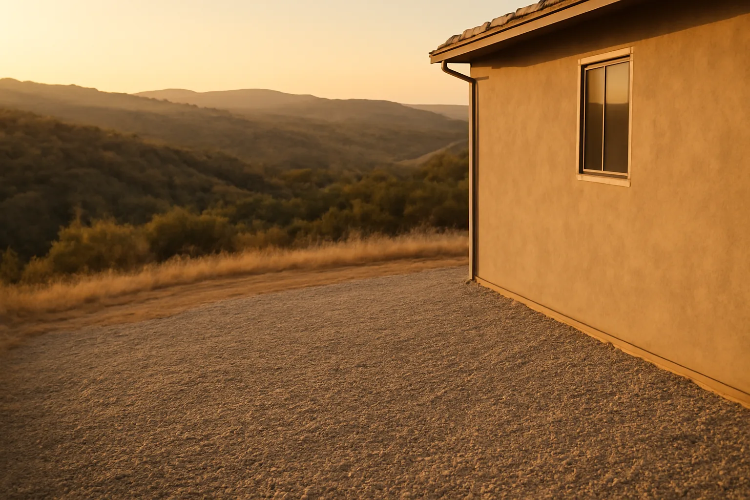 Cleared defensible space zone with gravel mulch next to a house before dry hillside brush