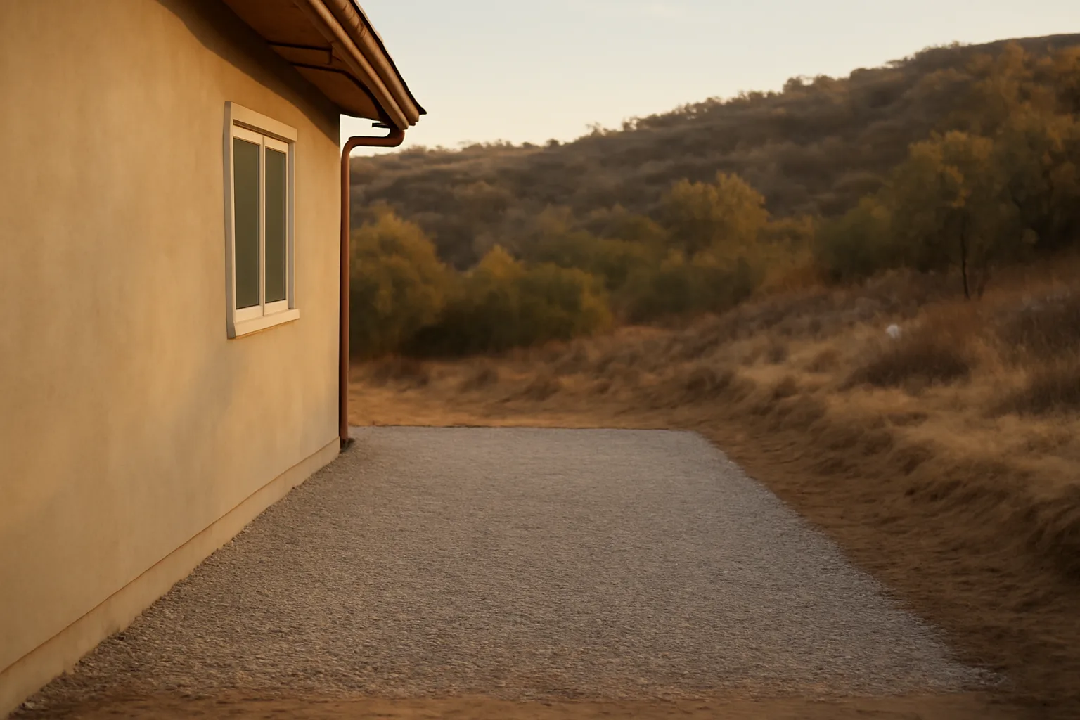 Cleared defensible space zone with gravel next to a home before a chaparral hillside