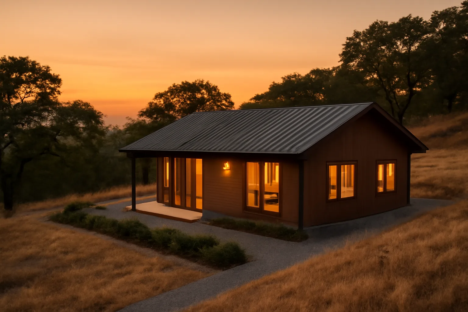 Home with cleared defensible space zones and gravel perimeter against wildfire-prone hillside