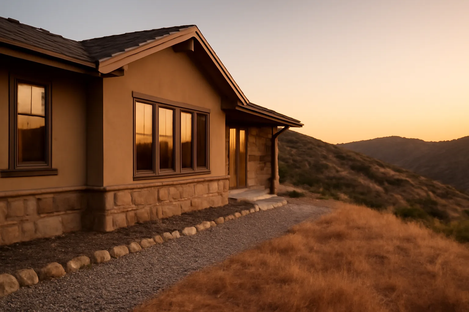 Home with cleared defensible space zone against a dry chaparral hillside at dusk