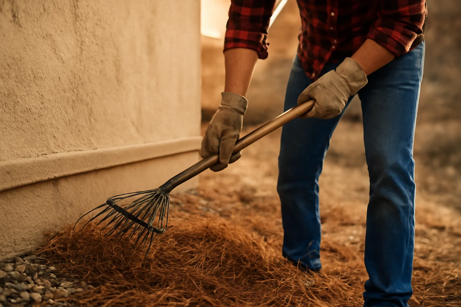 Homeowner clearing dry vegetation from house foundation for wildland fire protection defensible space