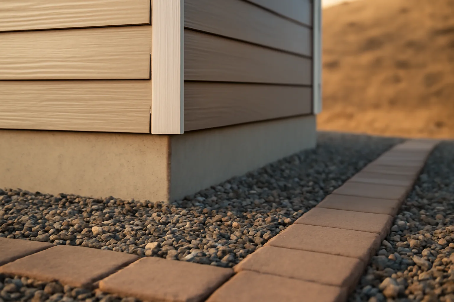 Gravel and pavers forming a clear zone 0 defensible space ring against a house foundation